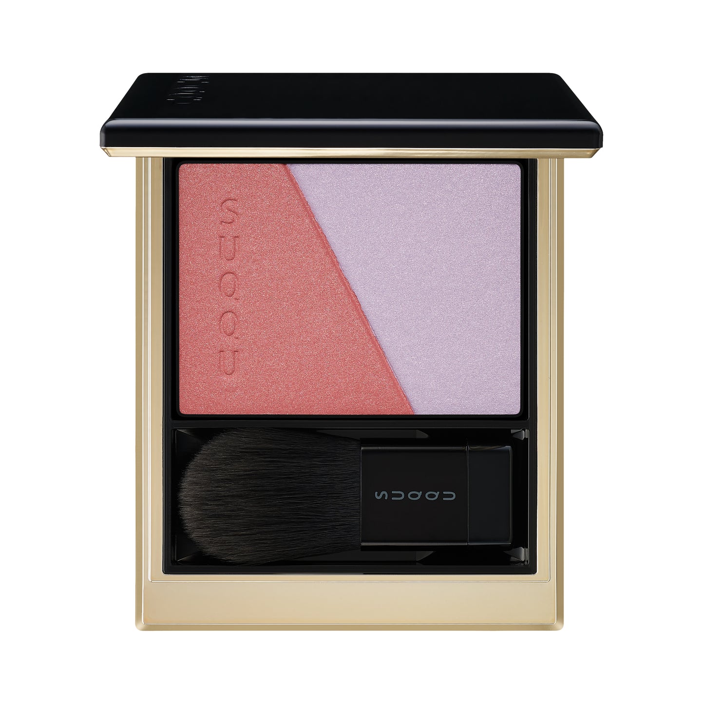 SUQQU Blurring Color Blush 111 reddish pink and purple blush and highlighter palette open on plain background