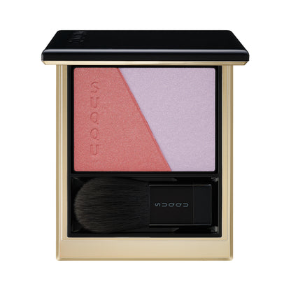SUQQU Blurring Color Blush 111 reddish pink and purple blush and highlighter palette open on plain background