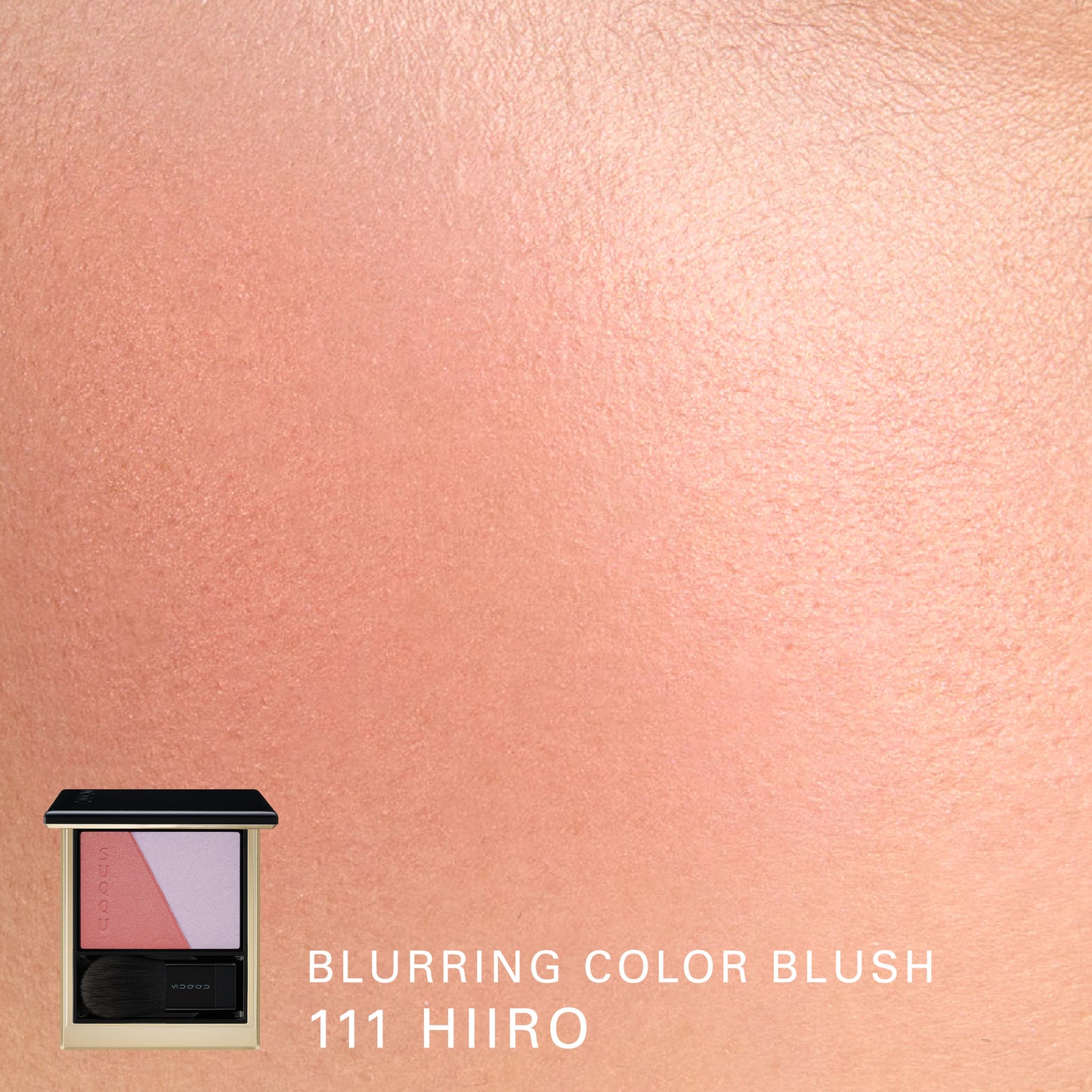 SUQQU Blurring Color Blush 111 Hiiro reddish pink and purple blush and highlighter palette open with model cheek colour swatch close up