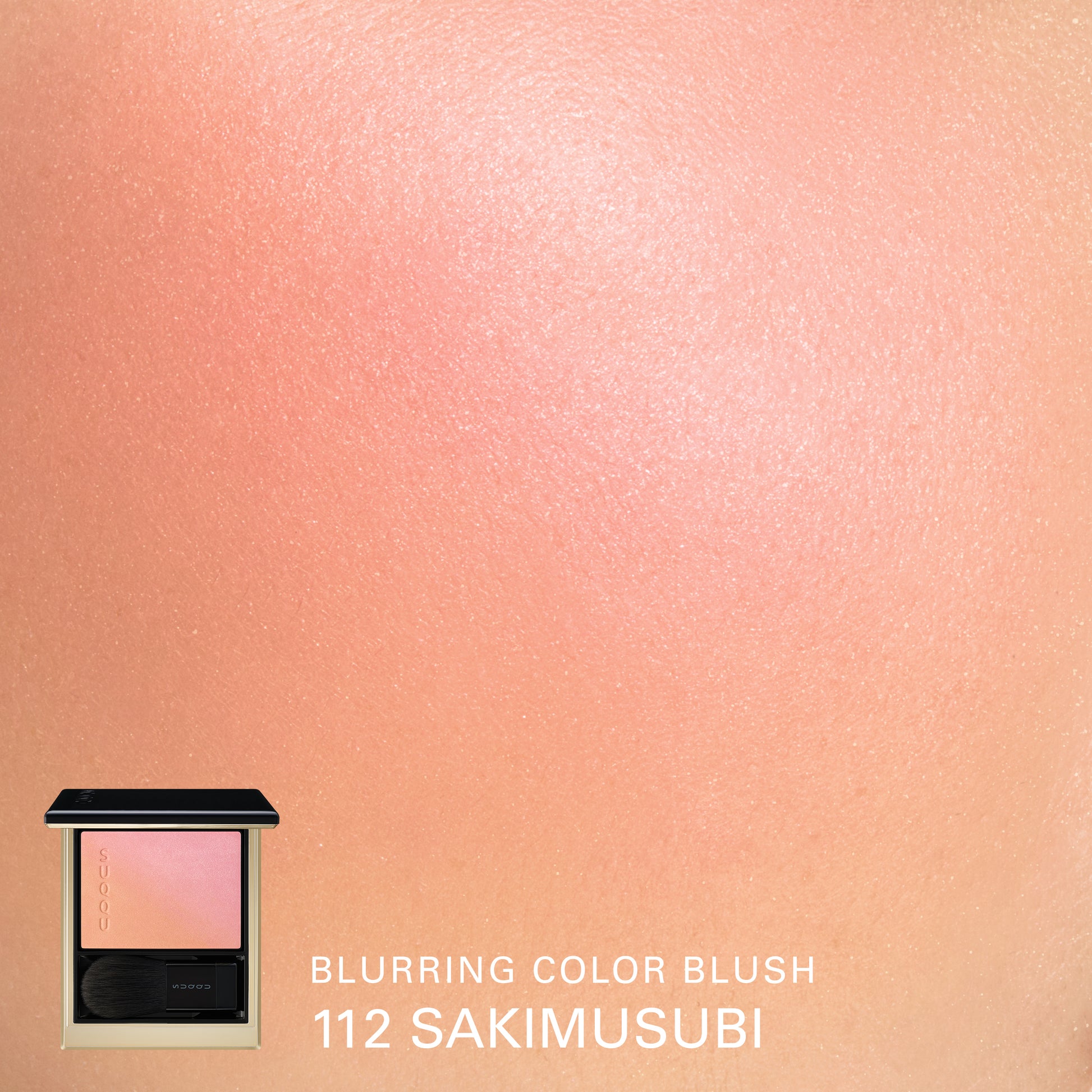 SUQQU Winter Collection 2025 Blurring Color Blush 112 Sakimusubi pink orange toned cheek blusher palette open with model cheek close up colour swatch.