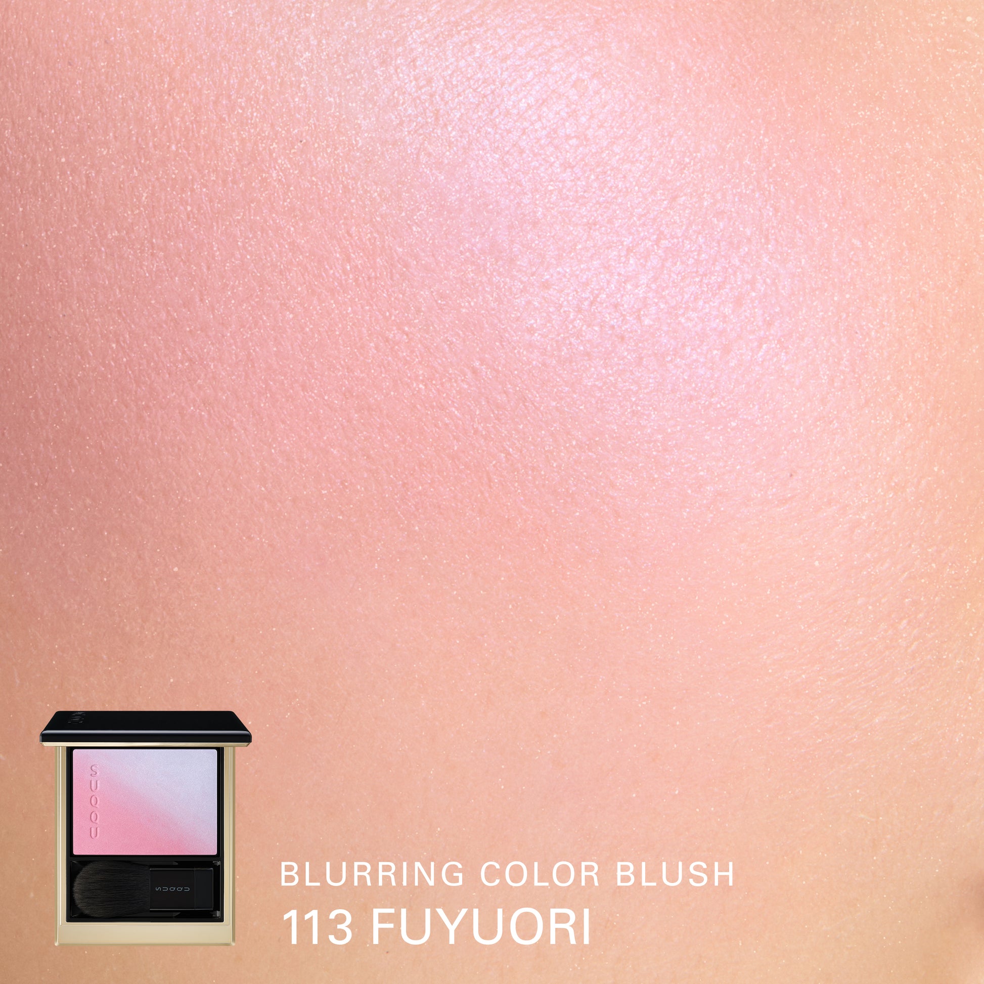 SUQQU Winter Collection 2025 Blurring Color Blush 113 Fuyuori pink blue toned cheek blusher and highlighter palette open with model cheek close up colour swatch.