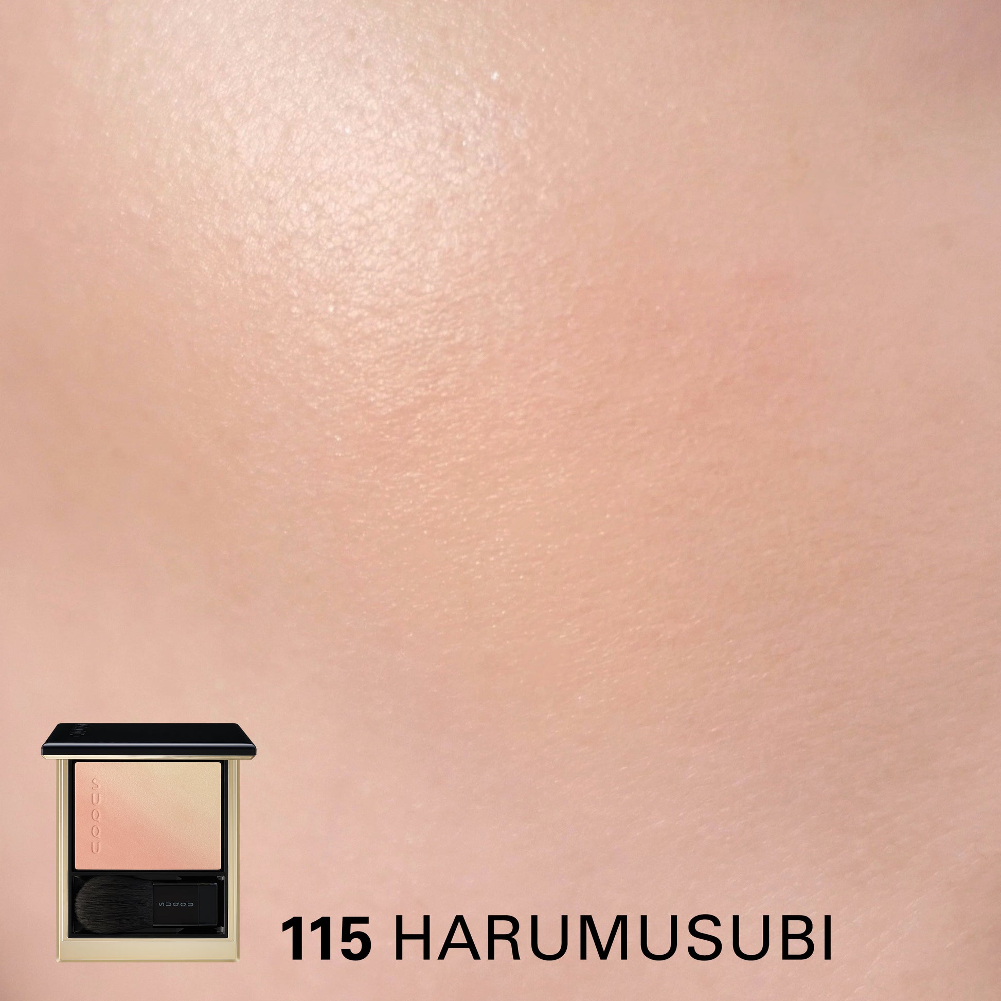 SUQQU Blurring Color Blush cheek blusher and highlighter palette in flattering coral gold 115 open over cheek wear close up.