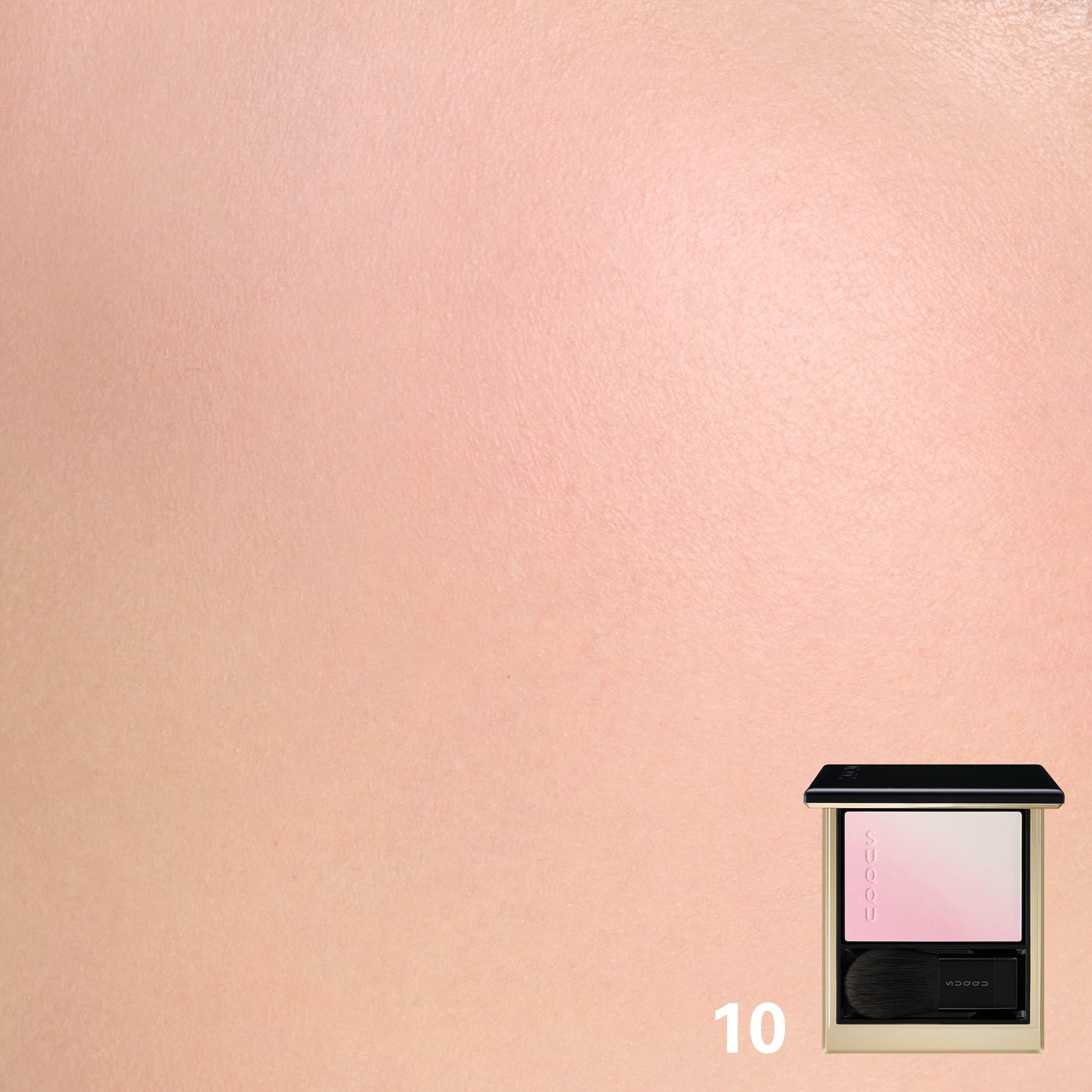 SUQQU Blurring Color Blush 10 cheek blusher and highlighter, soft pink and pearl white colour swatch worn on close up of model's cheek.