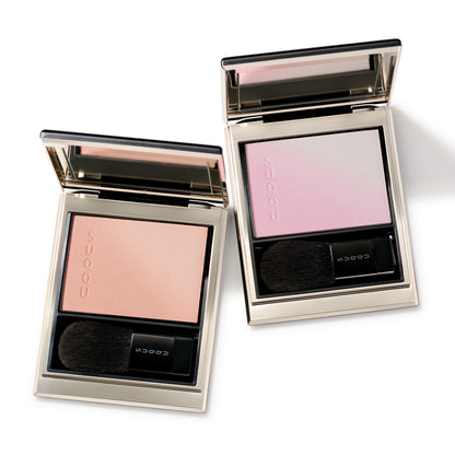 Luxurious SUQQU Blurring Color Blush 09 and 10 cheek blusher and highlighter. Coral with soft beige palette, and Soft pink and pearl white palette.