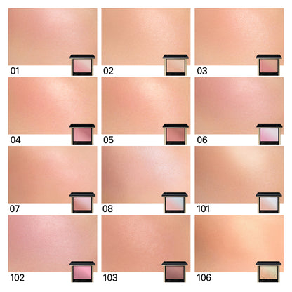 SUQQU Blurring Color Blush cheek swatch and palette guide. Shades 01 to 08 plus 101, 102, 103 and 106.