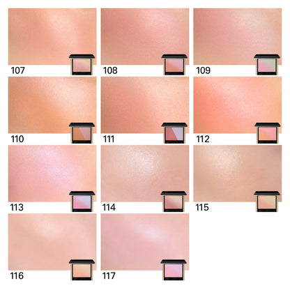 SUQQU Blurring Color Blush cheek swatch and palette guide. Shades 107 to 117.