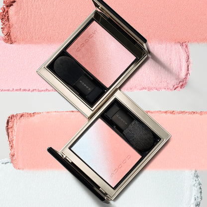 SUQQU Blurring Color Blush 07 and 08  blusher and highlighter palettes with colour texture background.
