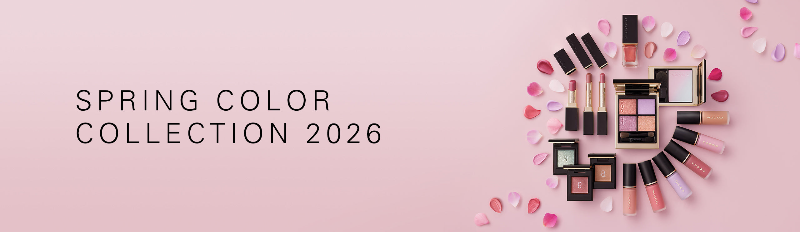 Spring color collection 2026 various colour makeup products arranged in a circle with petals.