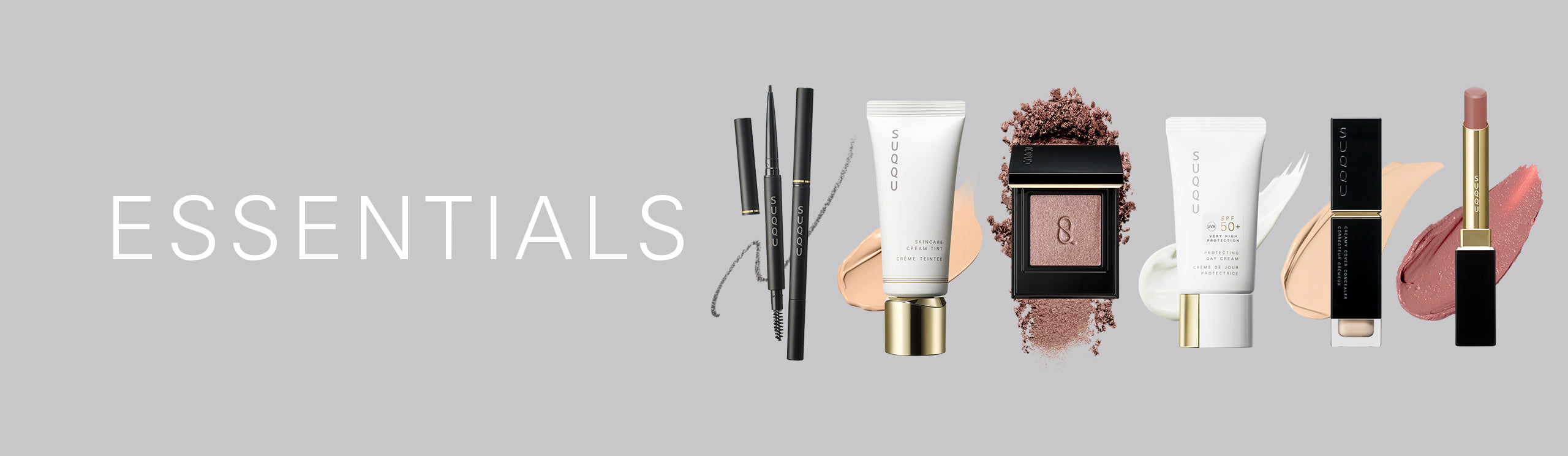 Essentials title with 6 SUQQU skincare and makeup products with texture swatches