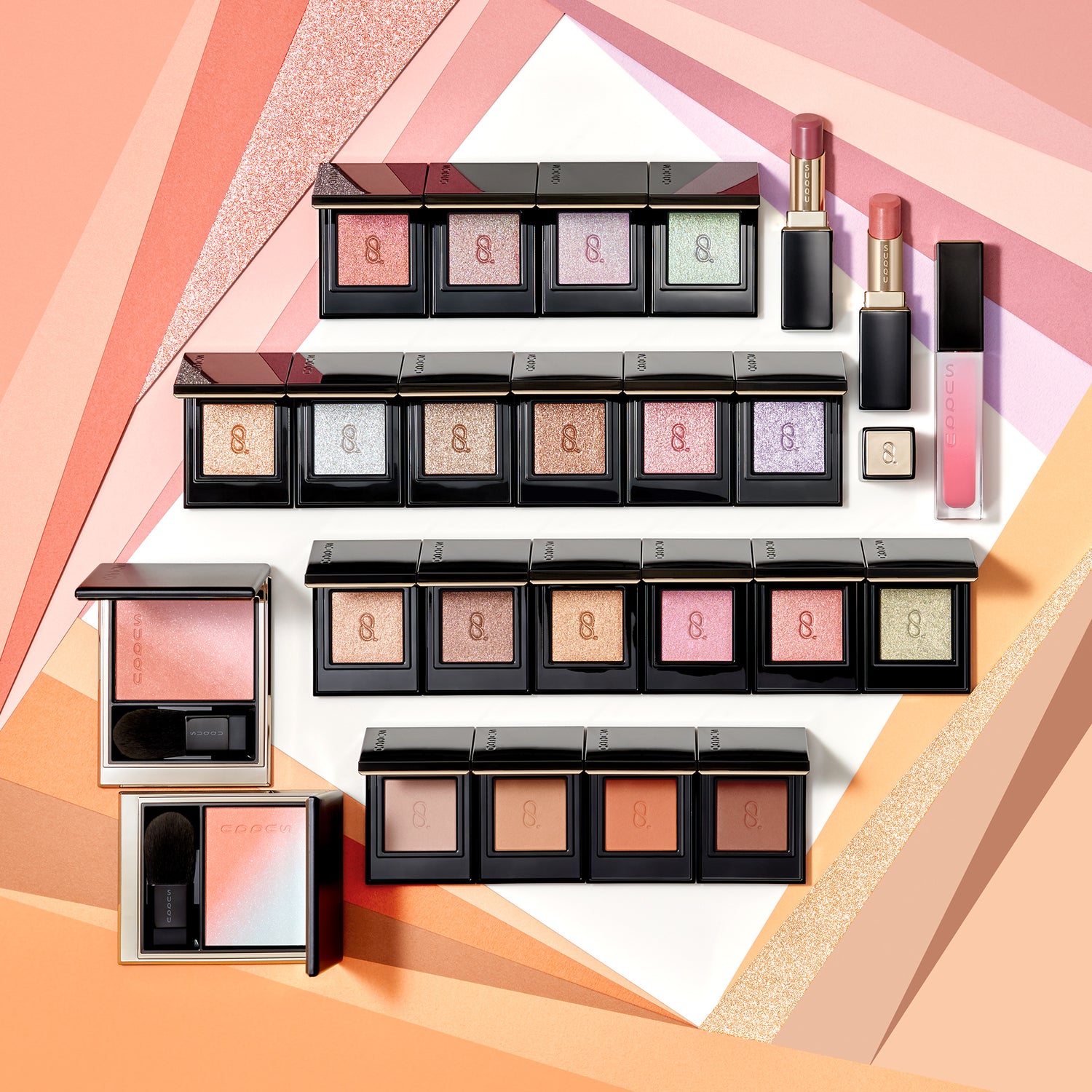 SUQQU Autumn Winter 2025 colour collection multiple makeup products lined up on colourful layer background