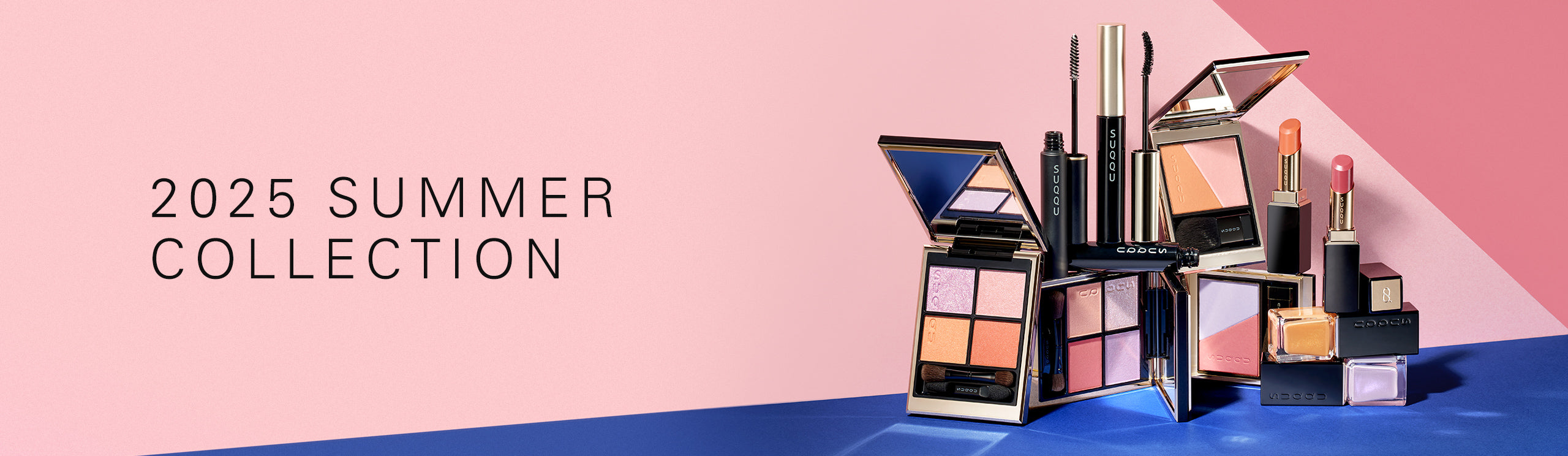 2025 Summer Collection - Summer Contrast collection of colourful makeup products grouped on contrasting colours background.