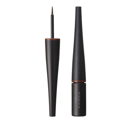 SUQQU Color Ink Liquid Eyeliner 02 brown make up product with cap open and felt tip on a plain background.