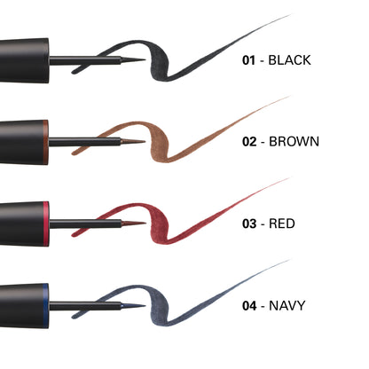 SUQQU Color Ink Liquid Eyeliner felt tip close up with swatch guide. 01 Black, 02 Brown, 03 Red and 04 Navy.