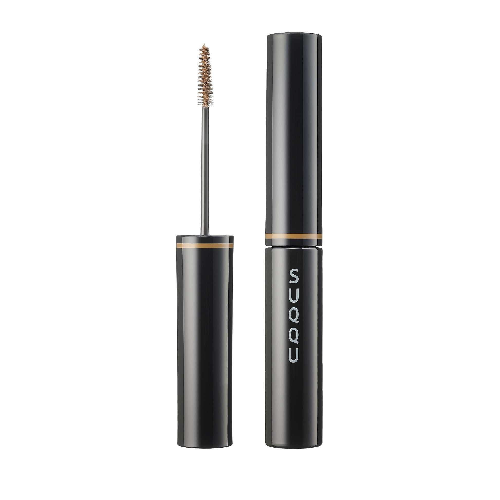 SUQQU Coloring Eyebrow 01 Light Brown make up eyebrow mascara product on plain background showing wand and cap closed.