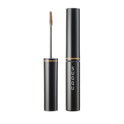 SUQQU Coloring Eyebrow 01 Light Brown make up eyebrow mascara product on plain background showing wand and cap closed.