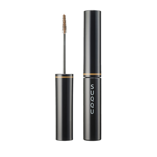 SUQQU Coloring Eyebrow 01 Light Brown make up eyebrow mascara product on plain background showing wand and cap closed.