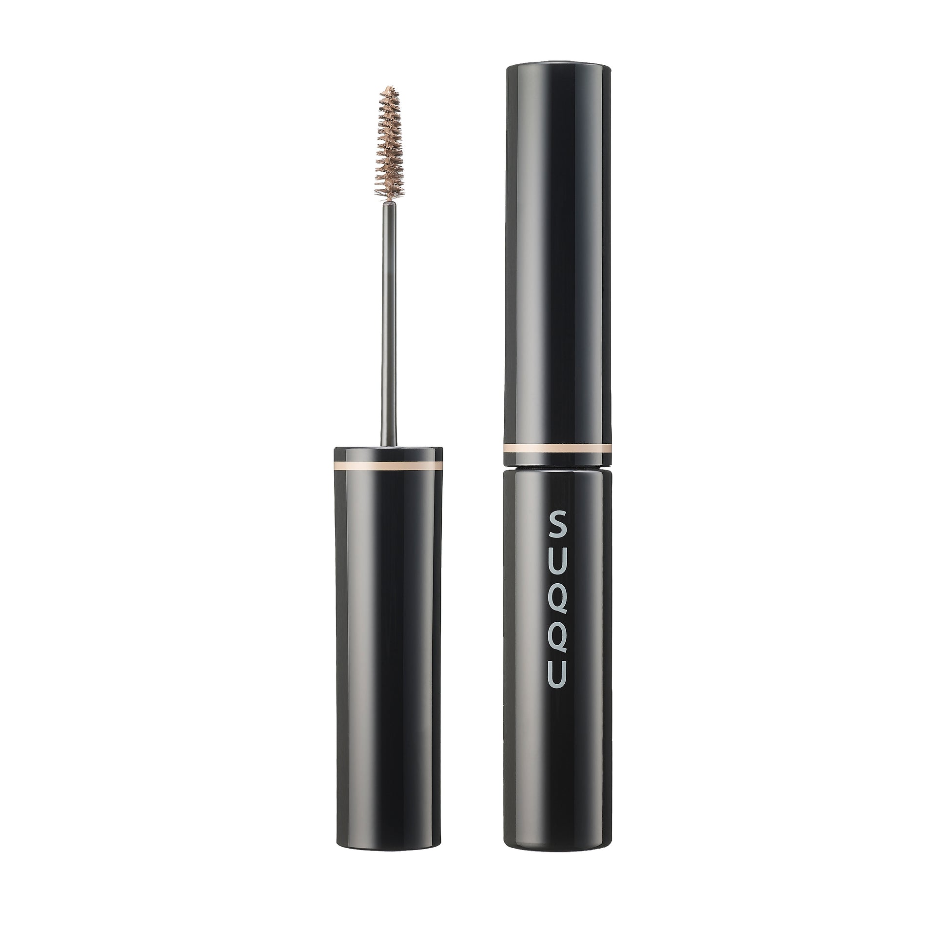 SUQQU Coloring Eyebrow 02 Sand Brown make up eyebrow mascara product on plain background showing wand and cap closed.