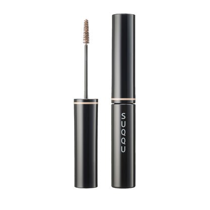 SUQQU Coloring Eyebrow 02 Sand Brown make up eyebrow mascara product on plain background showing wand and cap closed.