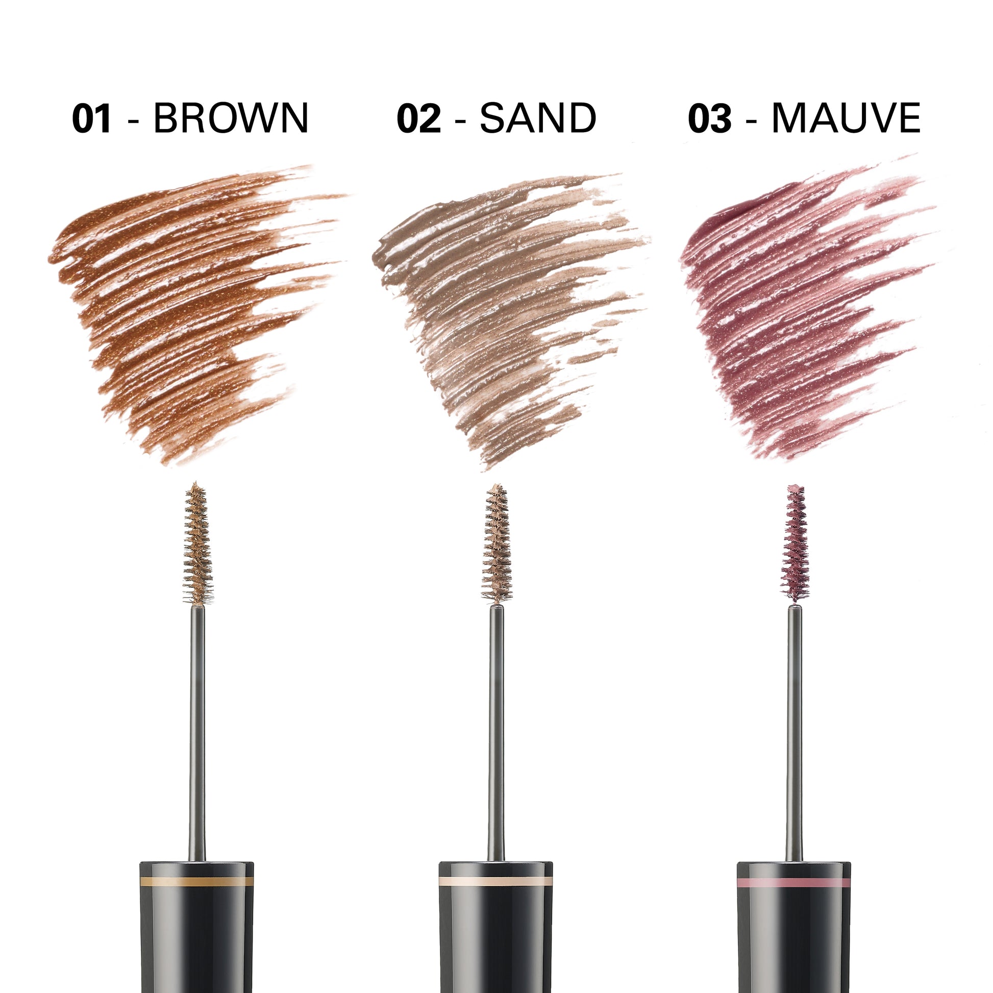SUQQU Coloring Eyebrow 01 Brown, 02 Sand and 03 Mauve shade swatch guide.