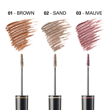 SUQQU Coloring Eyebrow 01 Brown, 02 Sand and 03 Mauve shade swatch guide.