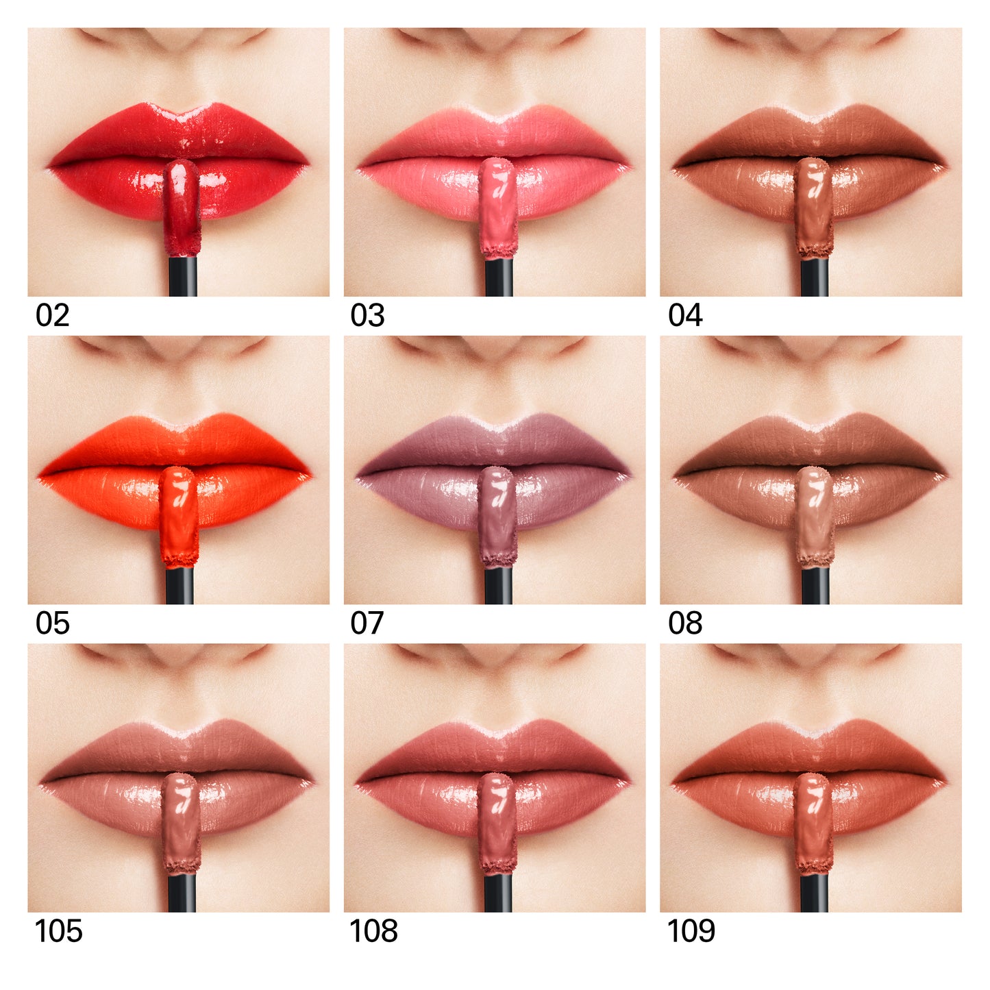 SUQQU Comfort Lip Fluid Glow high gloss lip guide shades 02 to 109.