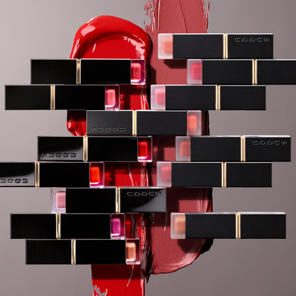 SUQQU Comfort Lip Fluid Glow in multiple colours with swatch background