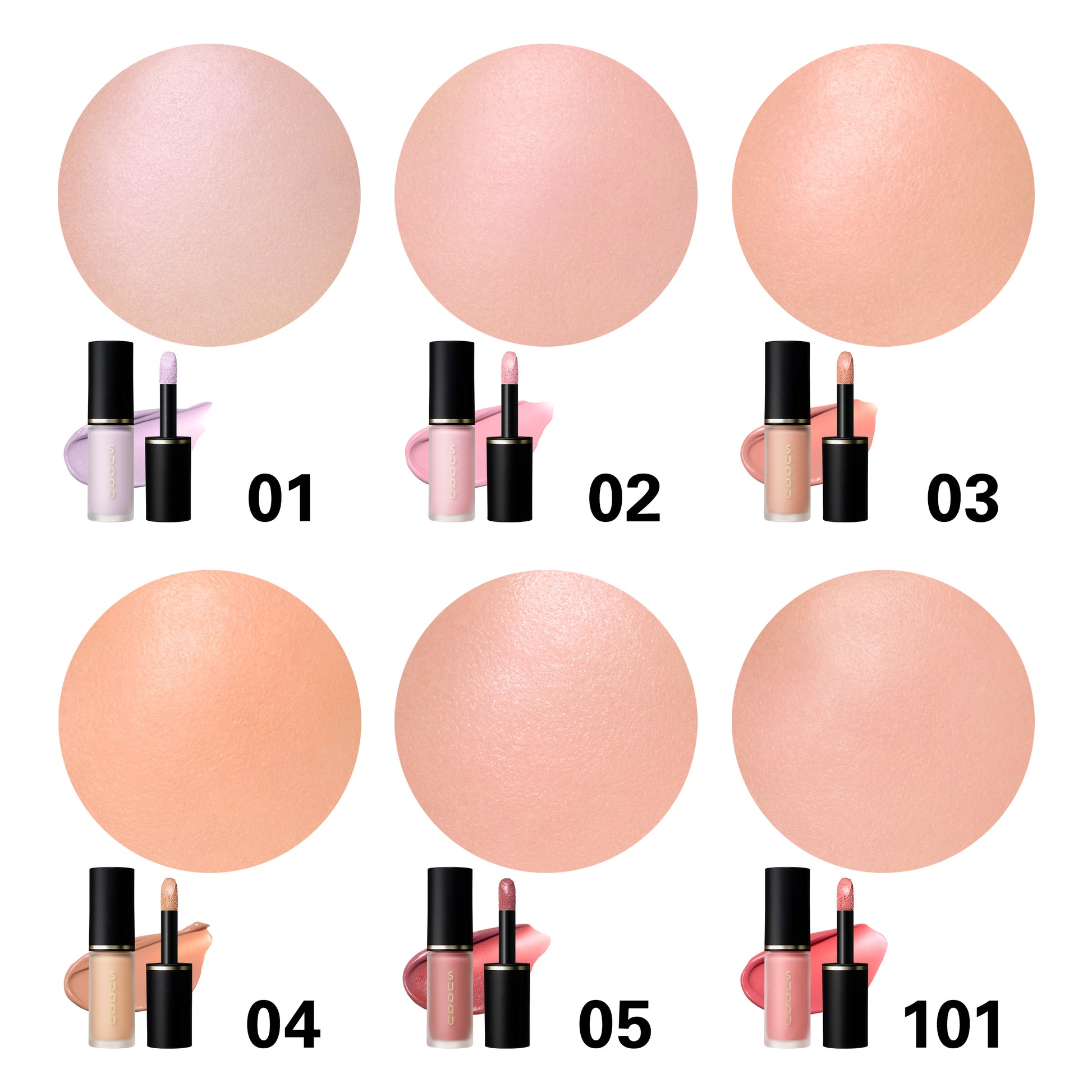 Six SUQQU Complexion Face Color 01 to 101 liquid blusher products standing with cheek wear closeups of each shade.