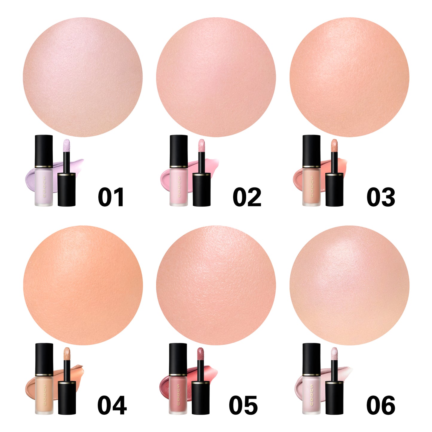 SUQQU Complexion Face Color 01 to 06 liquid highlighter blushers with cheek colour swatches and texture colour swatch.