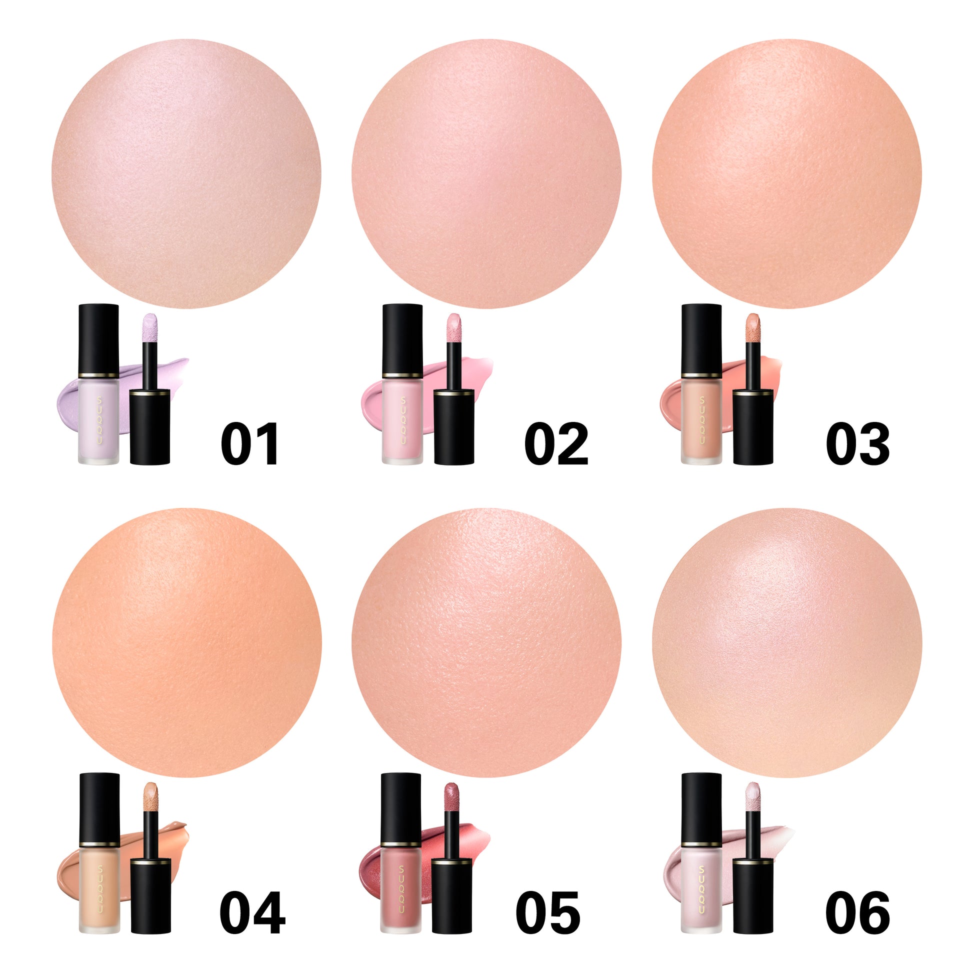 SUQQU Complexion Face Color 01 to 06 liquid highlighter blushers with cheek colour swatches and texture colour swatch.