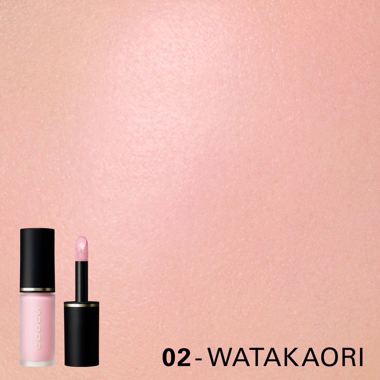 SUQQU Complexion Face Color 02 Watakaori liquid blusher product standing with cheek wear closeup.