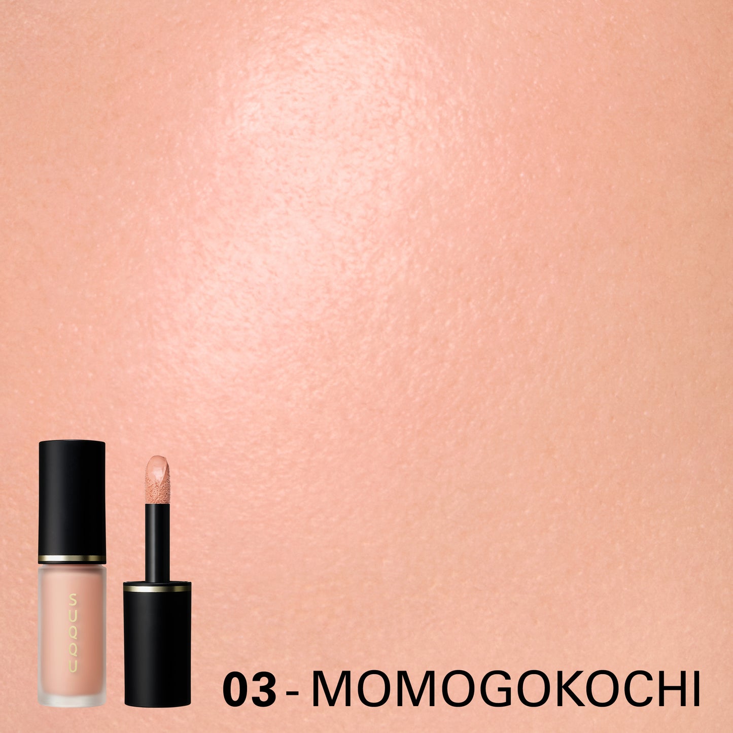 SUQQU Complexion Face Color 03 Momogokochi liquid blusher product standing with cheek wear closeup.