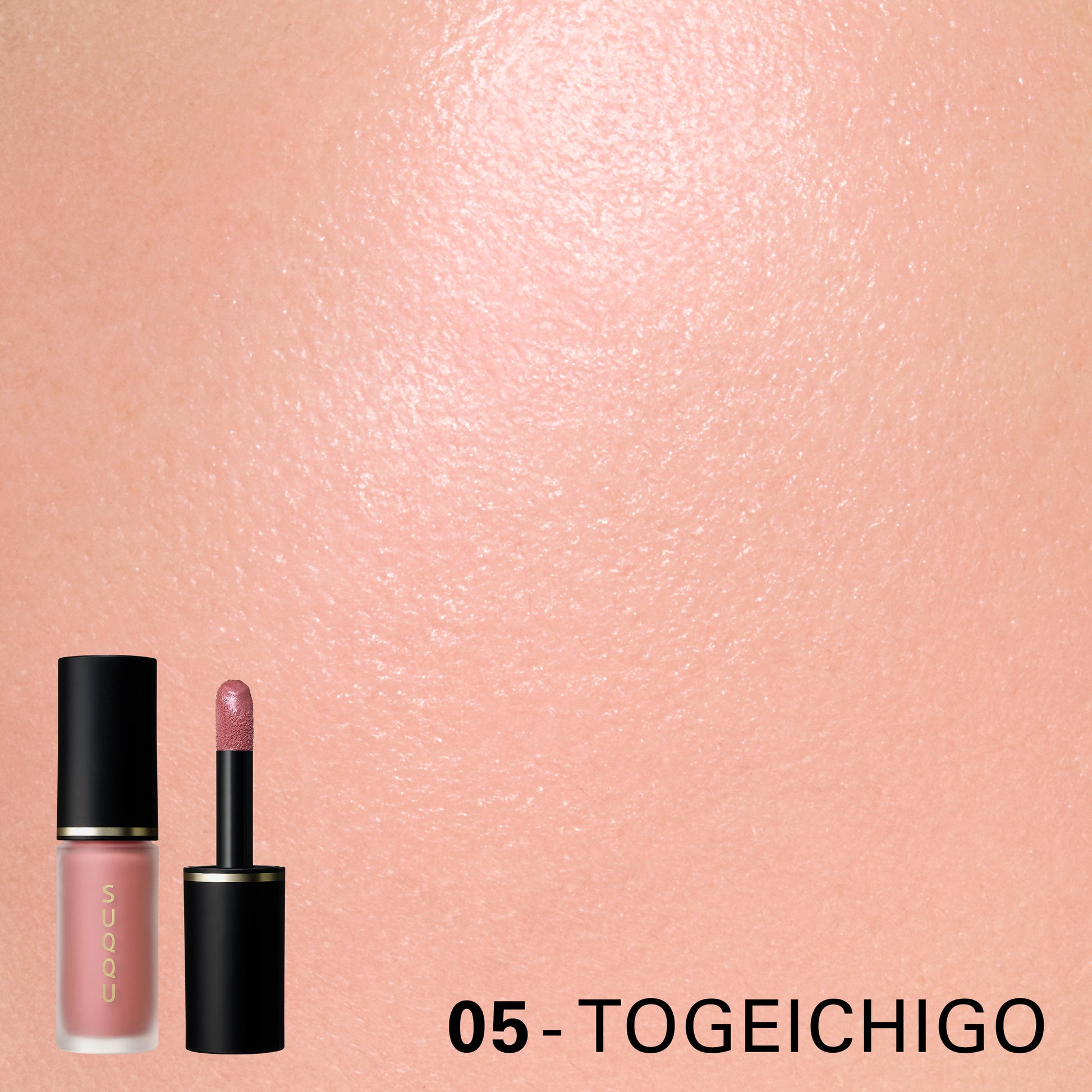 SUQQU Complexion Face Color 05 Togeichigo liquid blusher product standing with cheek wear closeup.