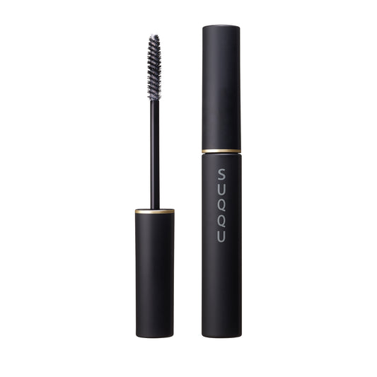 SUQQU Defining Eyelash Base clear colour product for longer thicker lashes closed and open with wand on plain background