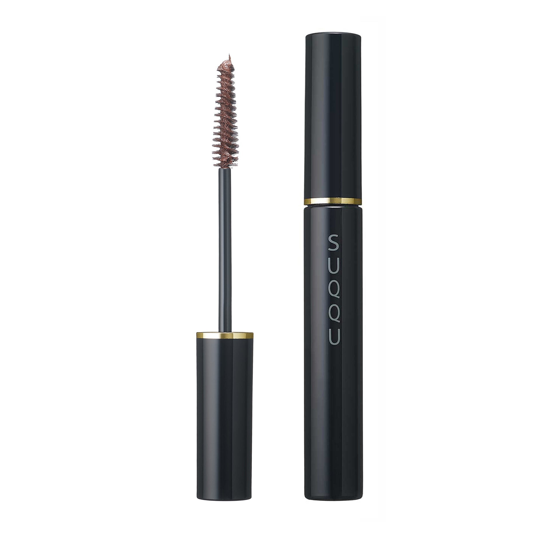 SUQQU Eyelash Mascara Waterproof 02 Brown eye make up product with open brush and closed on plain background.
