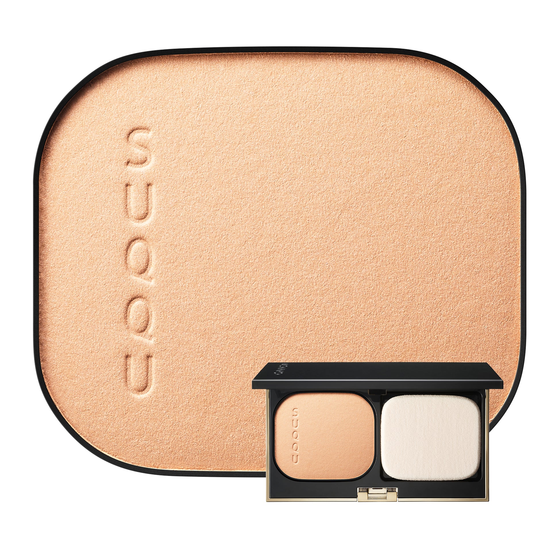 SUQQU Glow Powder Foundation Refill 210 base make up pan and compact shown on plain background.