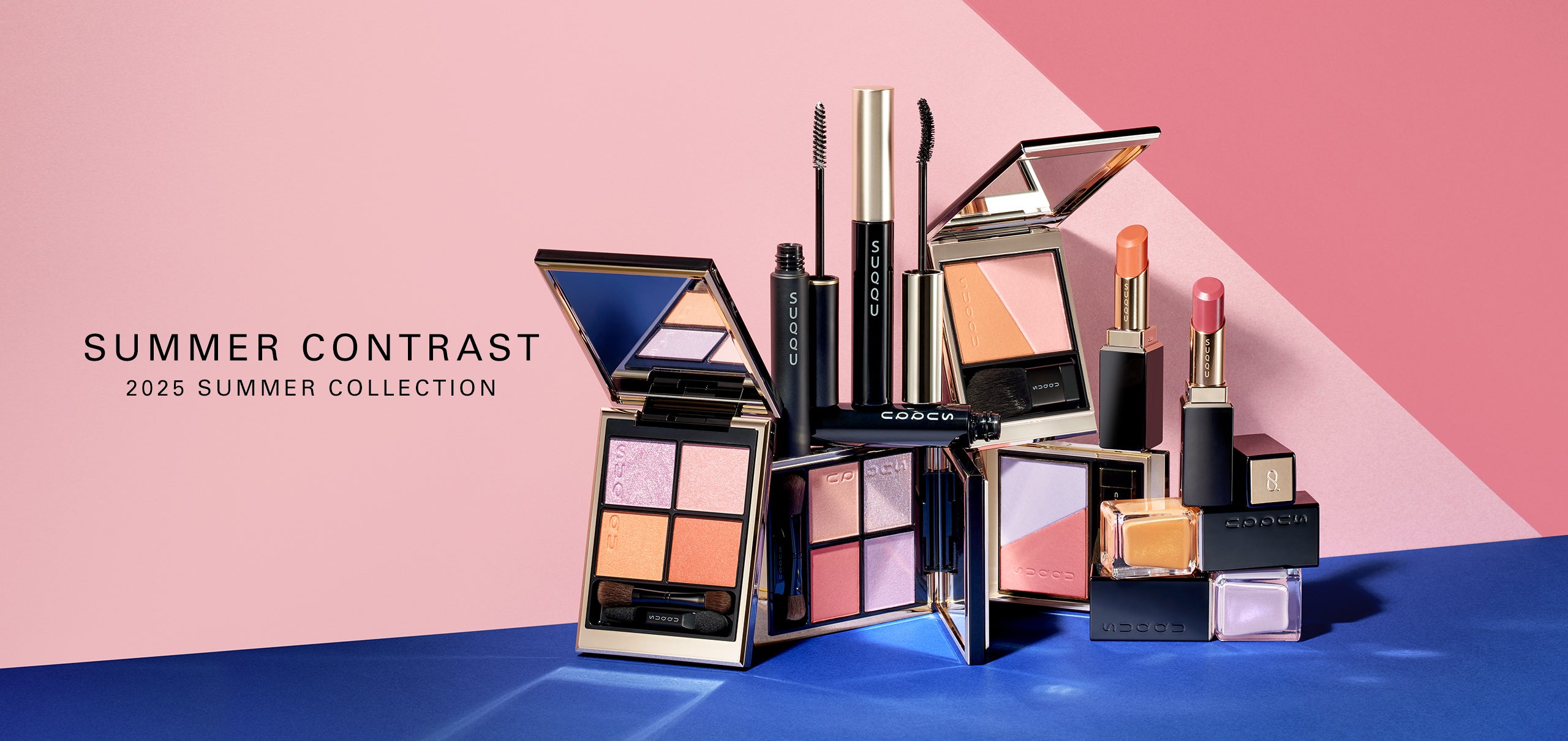 Summer Contrast - SUQQU 2025 Summer collection of colourful makeup products grouped on contrasting colours background.