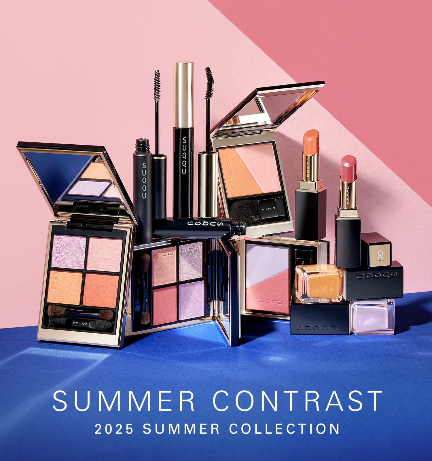 Summer Contrast - SUQQU 2025 Summer collection of colourful makeup products grouped on contrasting colours background.