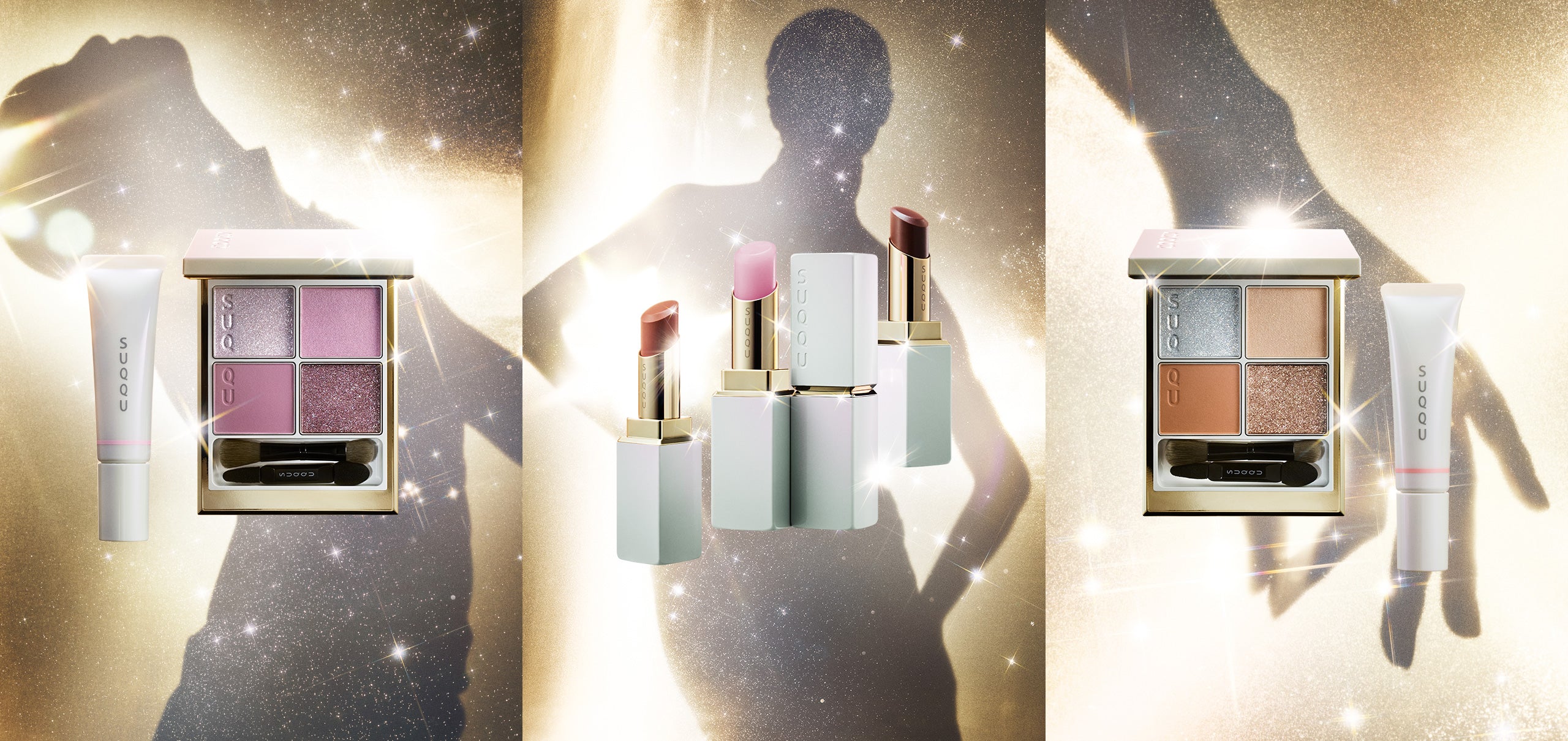 SUQQU 2025 Holiday Collection sparkling light and model silhouette background. Overlayed with two seasonal makeup kits of quad eyeshadows with liquid blushers and a group of three lipsticks.
