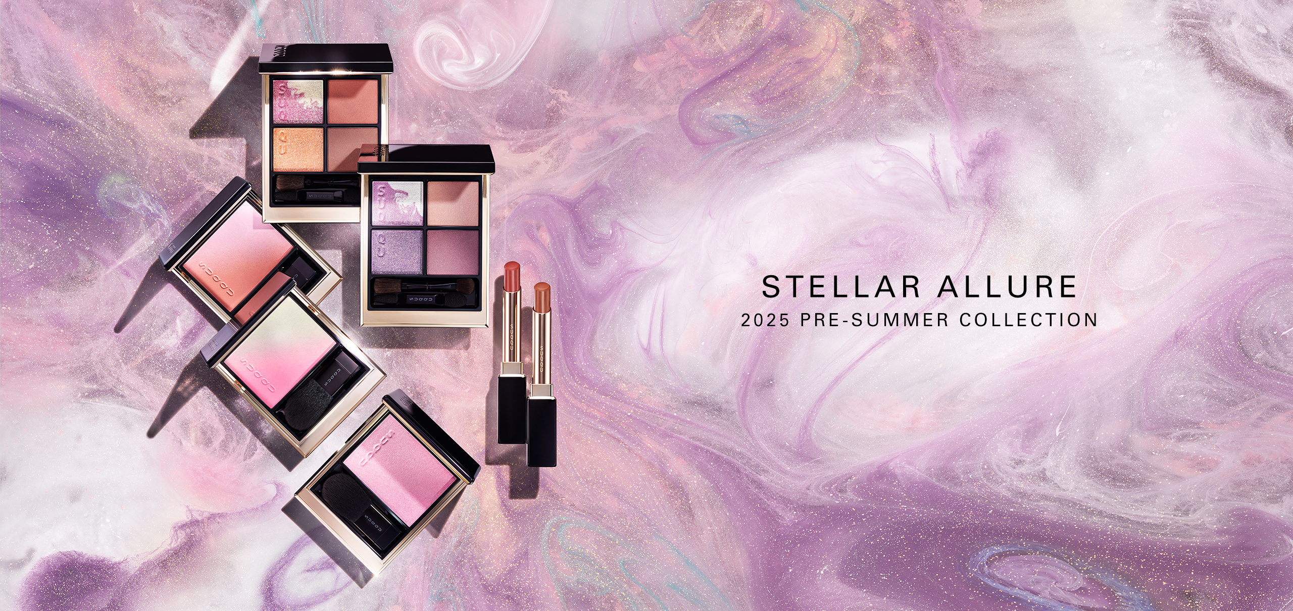 Stellar Allure 2025 Pre-Summer Collection with colourful makeup products grouped together