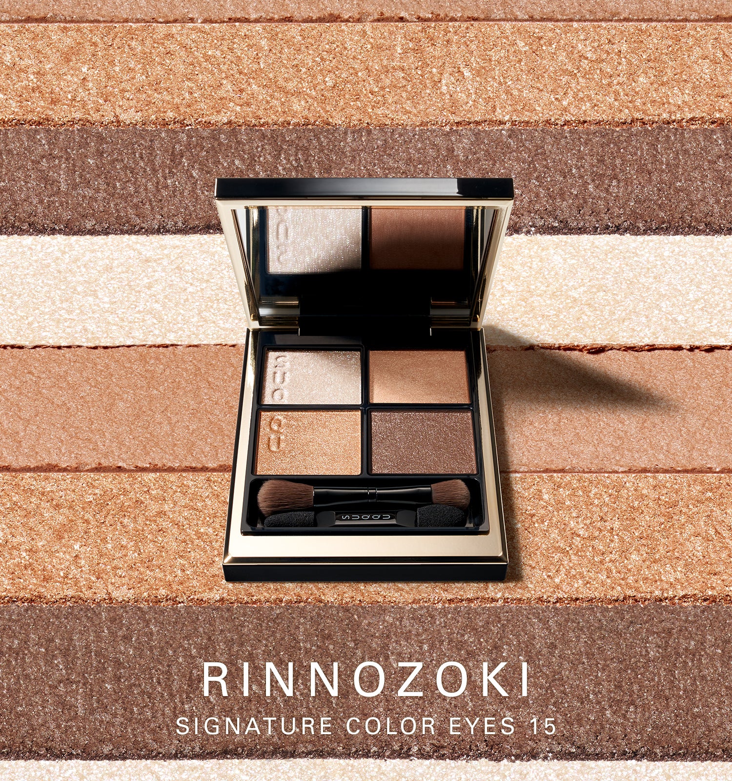 Rinnozoki Signature Color Eyes 15 eyeshadow palette with texture background.