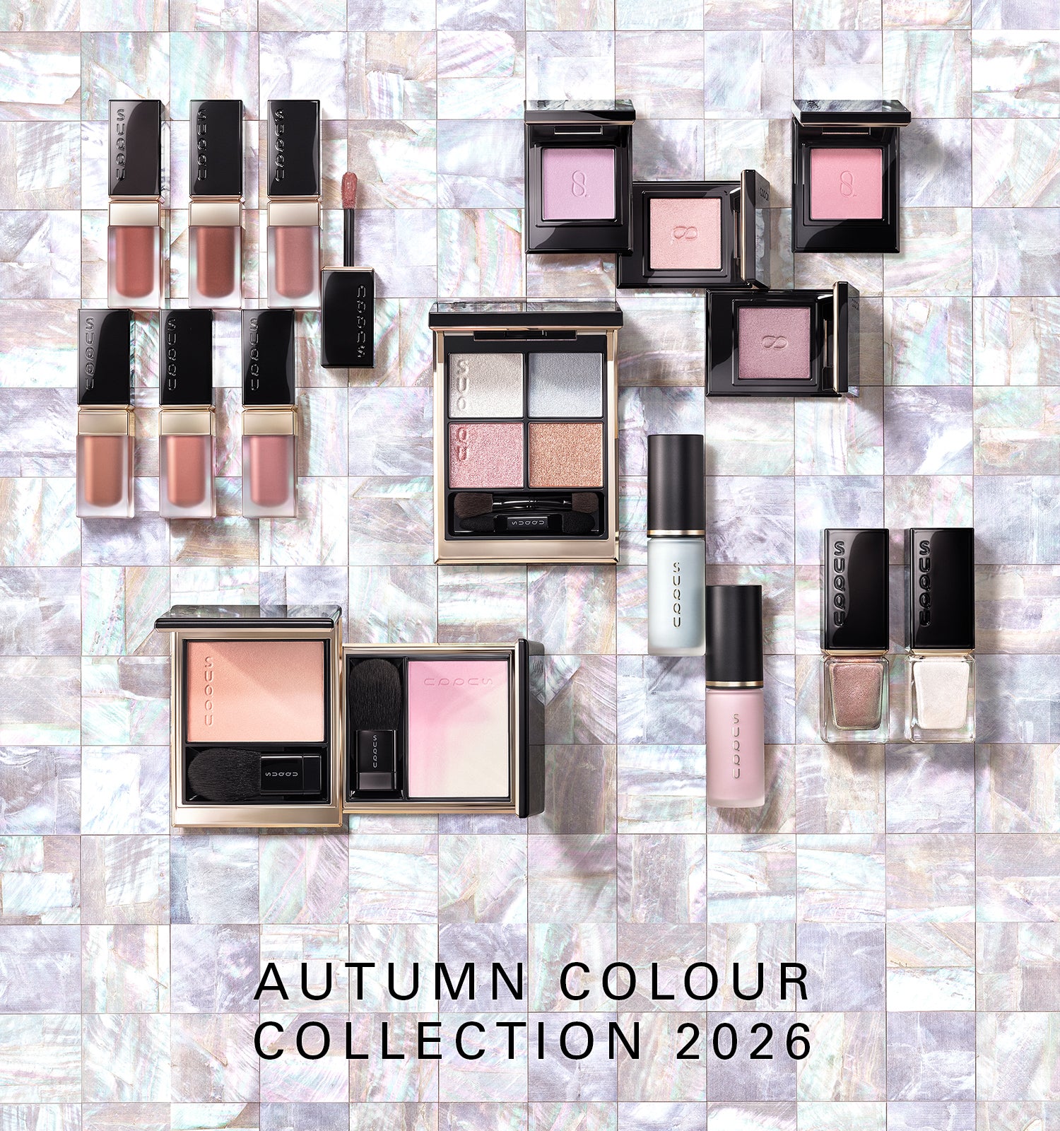 SUQQU Autumn Colour Collection 2026. 'Raden' themed multiple pearl toned colour makeup up products open on shell tiles. 6 Luxury liquid lipsticks, 5 eyeshadows, 4 cheek blushers and 2 nail polishes.