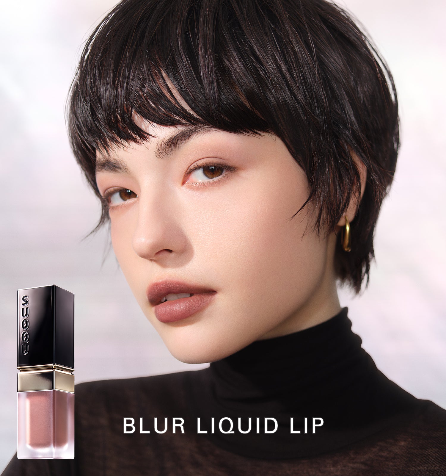 SUQQU Autumn Colour Collection 2026. Blur Liquid Lip new liquid lipstick product with short haired model portrait showing makeup.