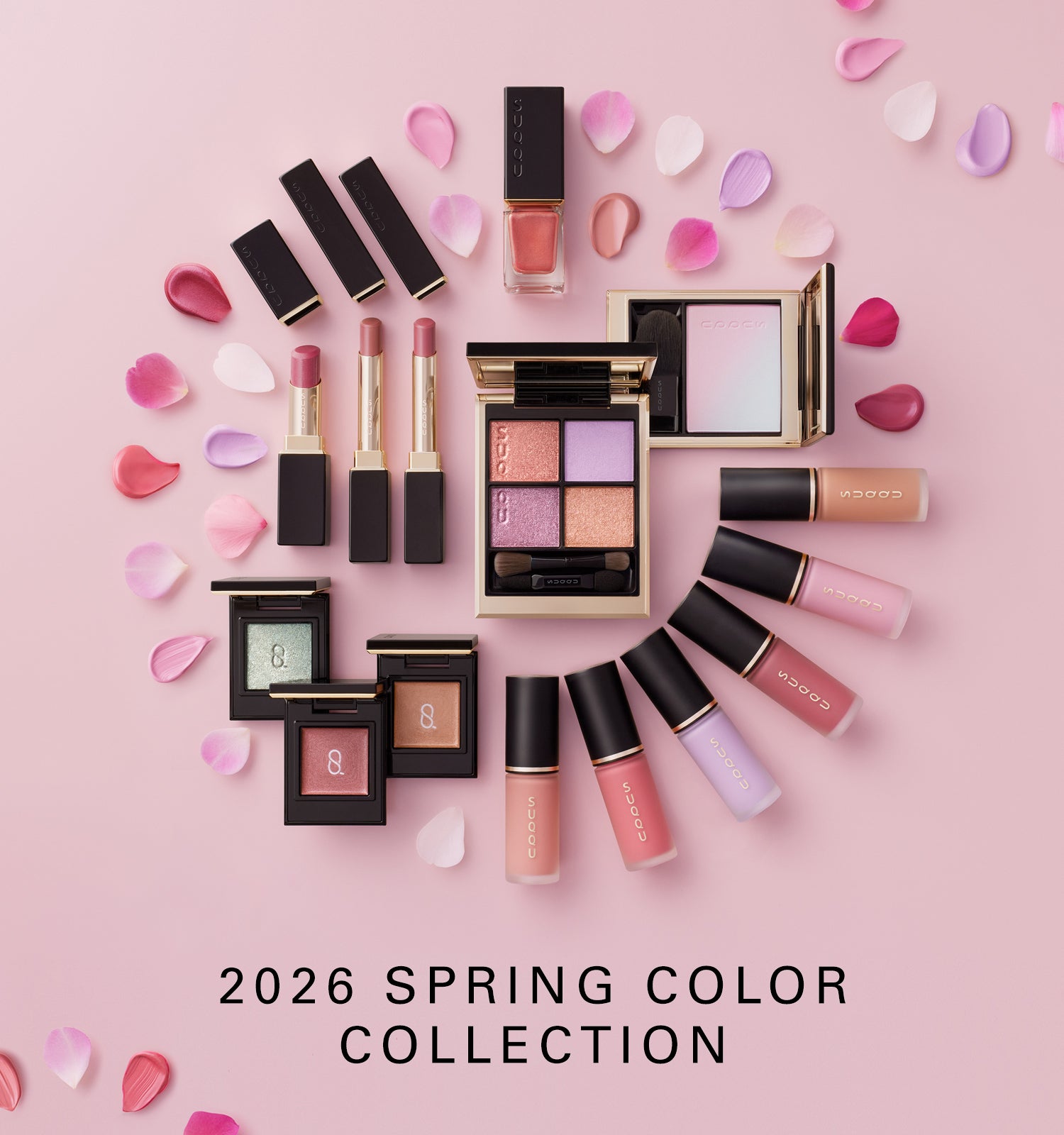 SUQQU Spring Collection 2026 group of colourful luxury makeup products lying on a table arranged in a circle with flower petals.