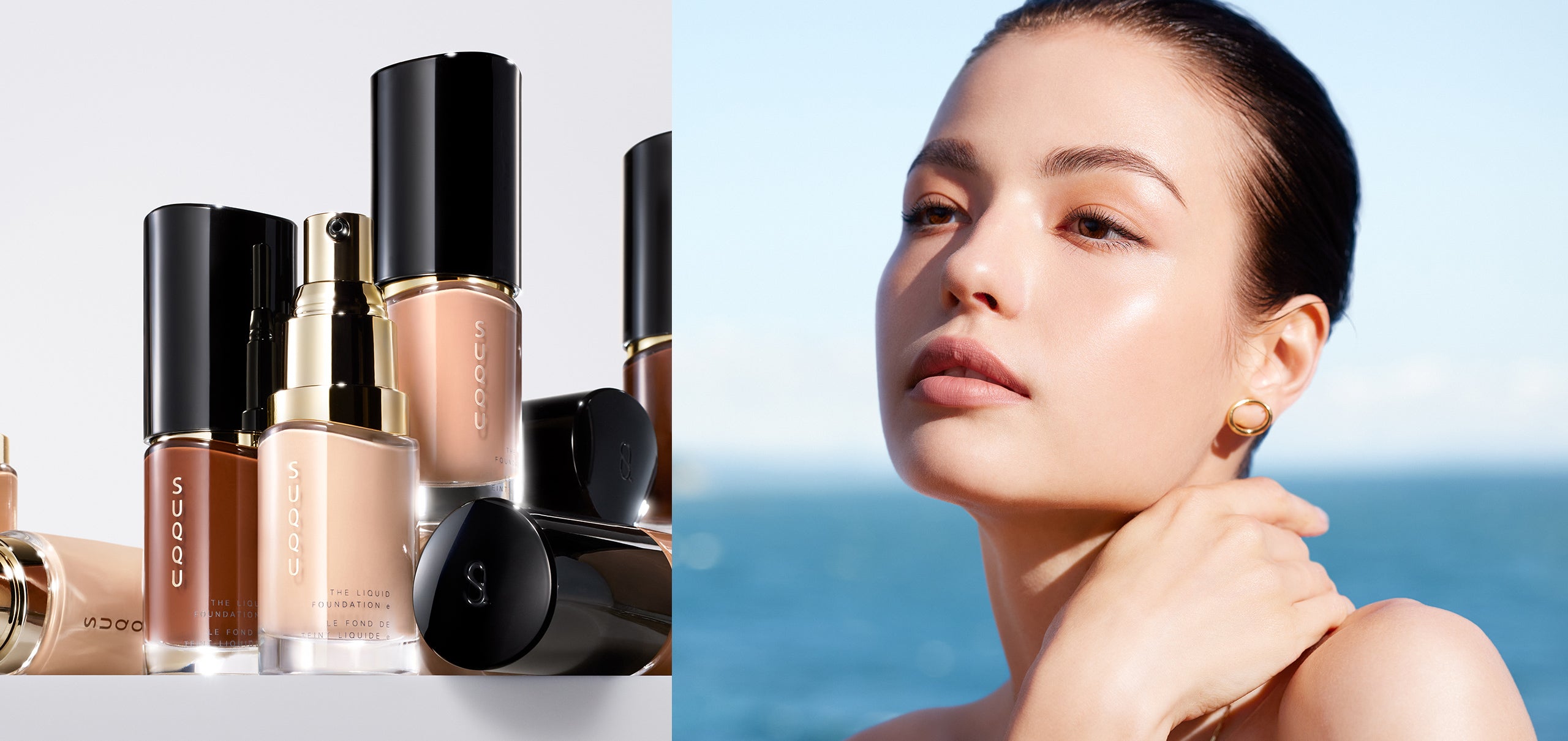 SUQQU The Liquid Foundation e model portrait wearing foundation to show the high-quality smooth and flawless skin finish. Shown with multiple foundation products standing on a table.