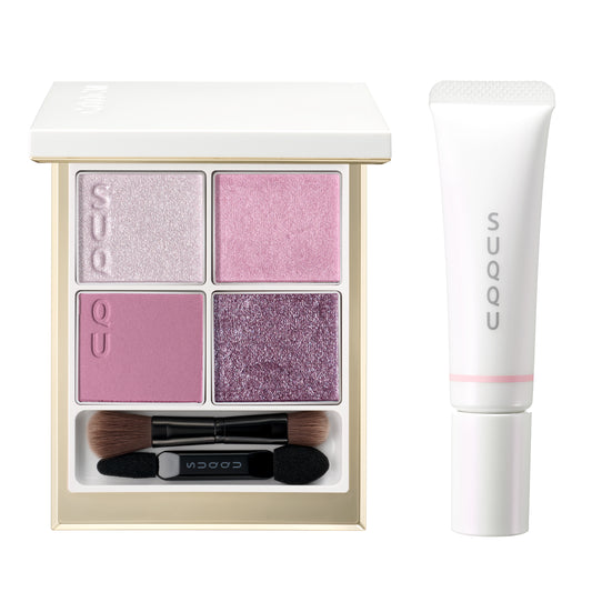 SUQQU 2025 Holiday Collection makeup kit Shunka showing pink toned quad eyeshadow palette and soft pink liquid blush tube.