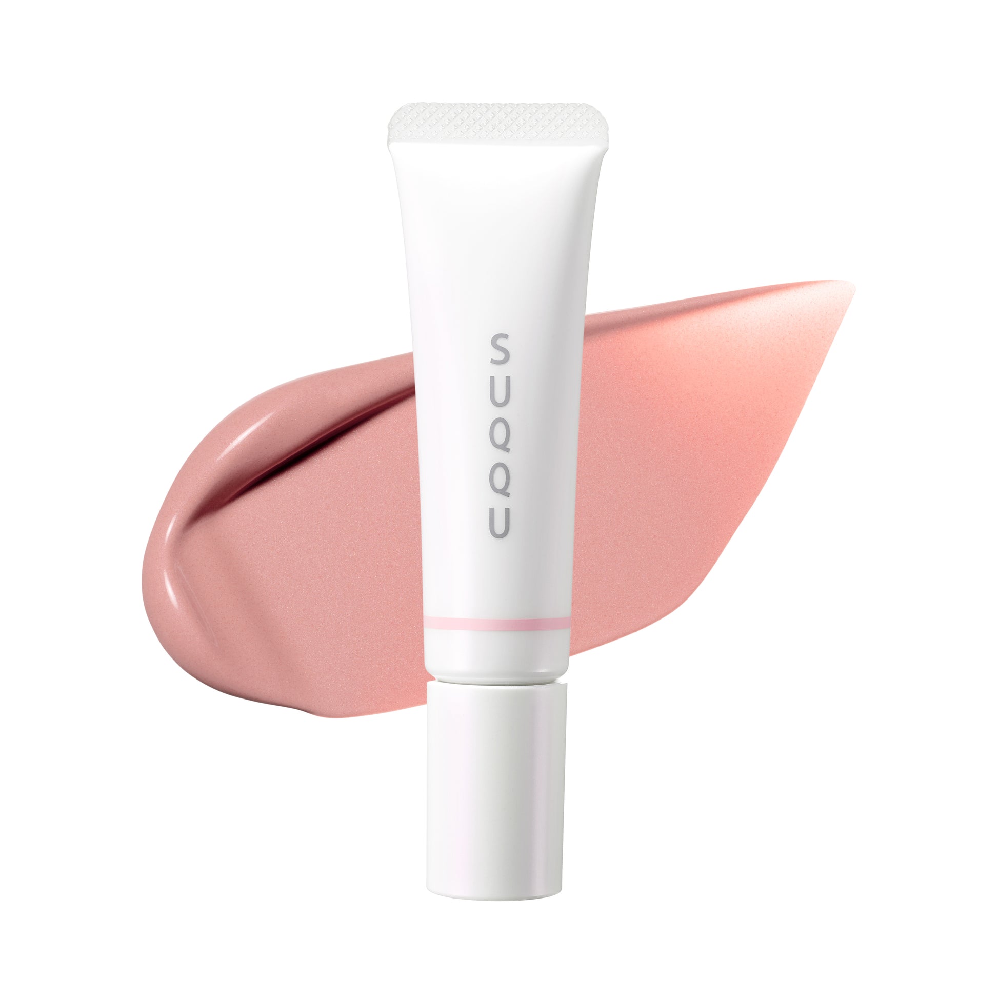 SUQQU 2025 Holiday Collection makeup kit Shunka soft pink liquid blush tube with texture colour swatch background.