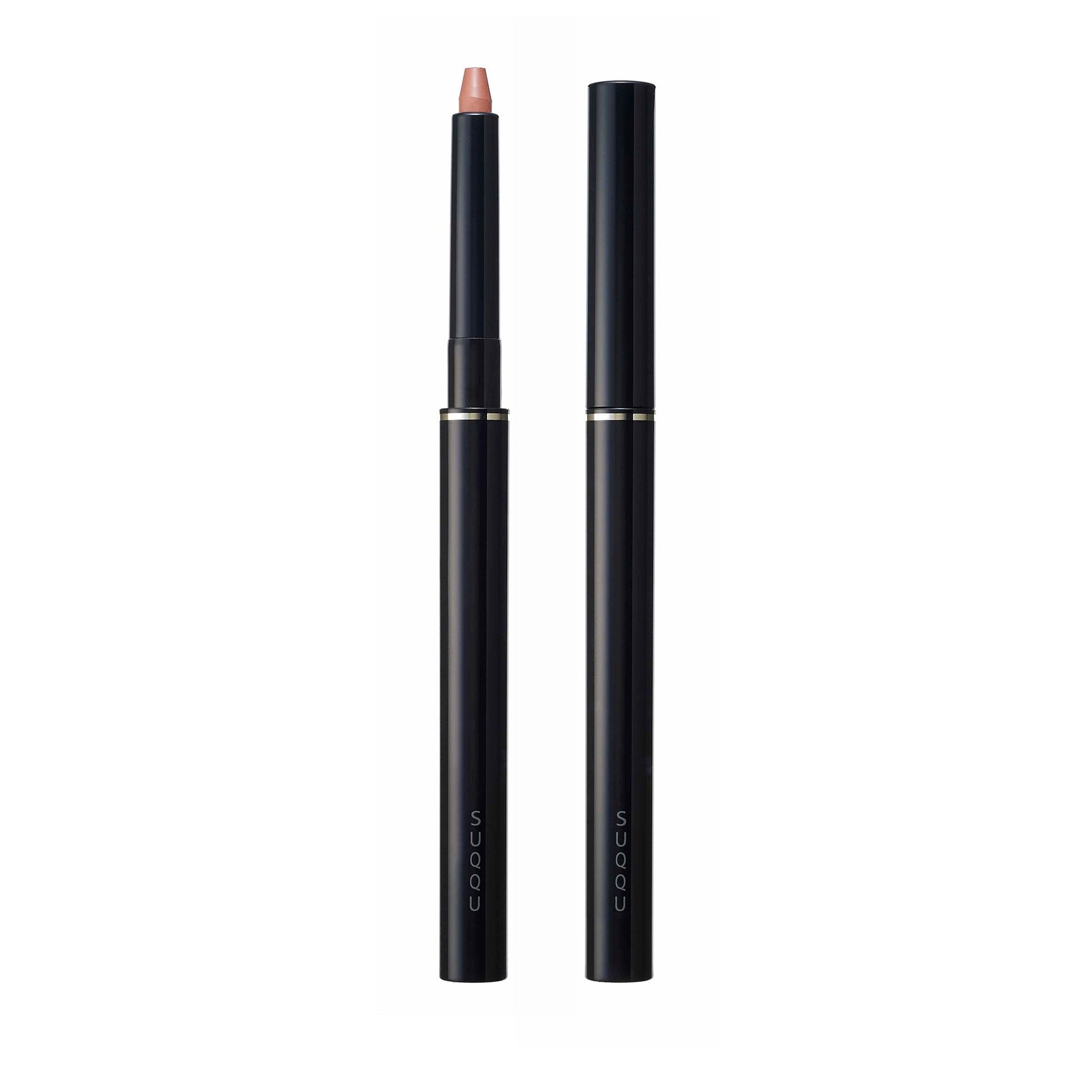 SUQQU Lip Defining Pencil 01 Red beige lip colour product on plain background with cap on and off.