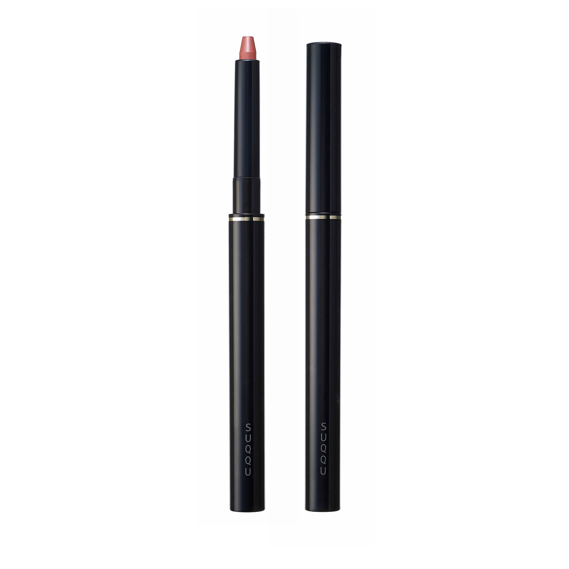 SUQQU Lip Defining Pencil 02 pink lip colour product on plain background with cap on and off.