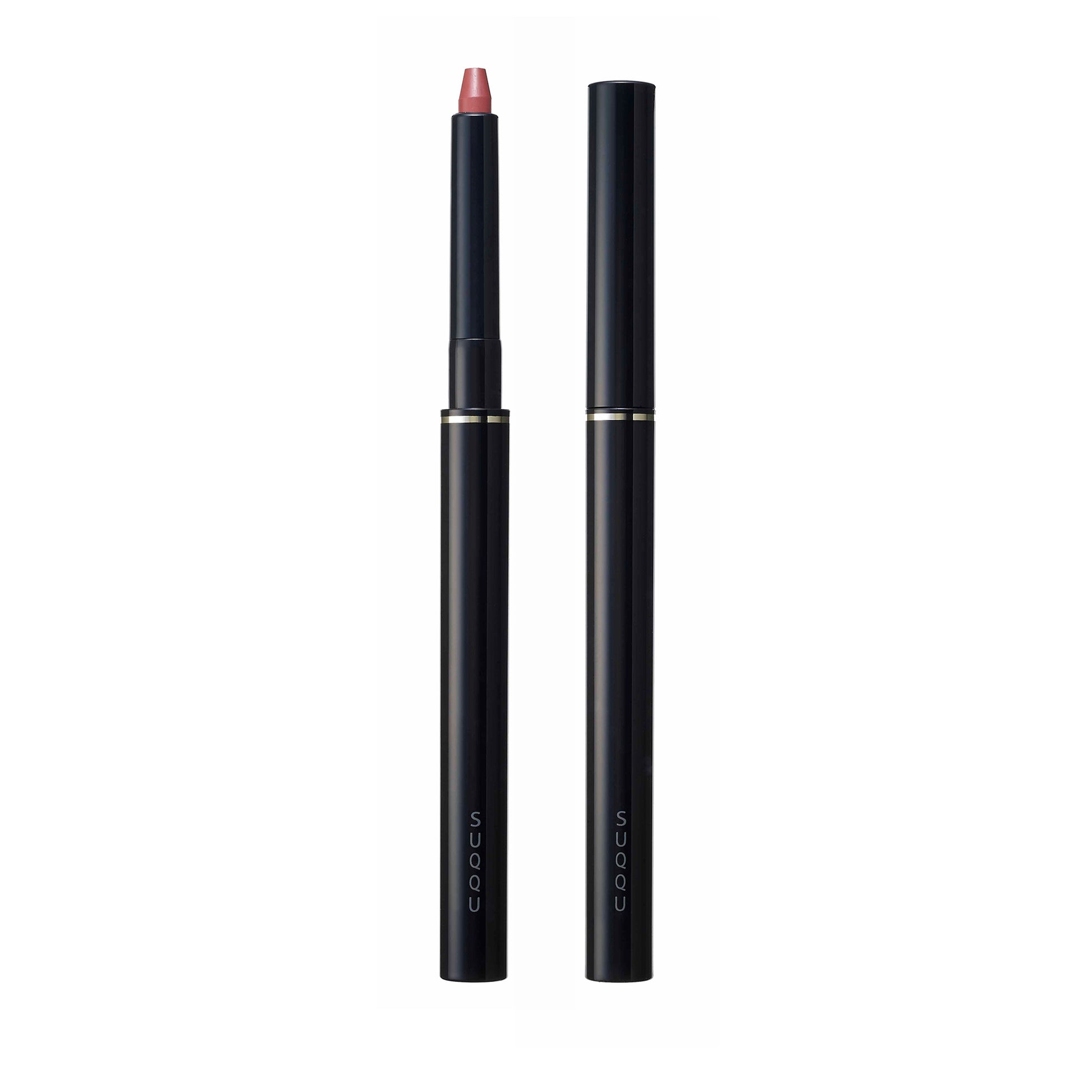 SUQQU Lip Defining Pencil 03 red lip colour product on plain background with cap on and off.