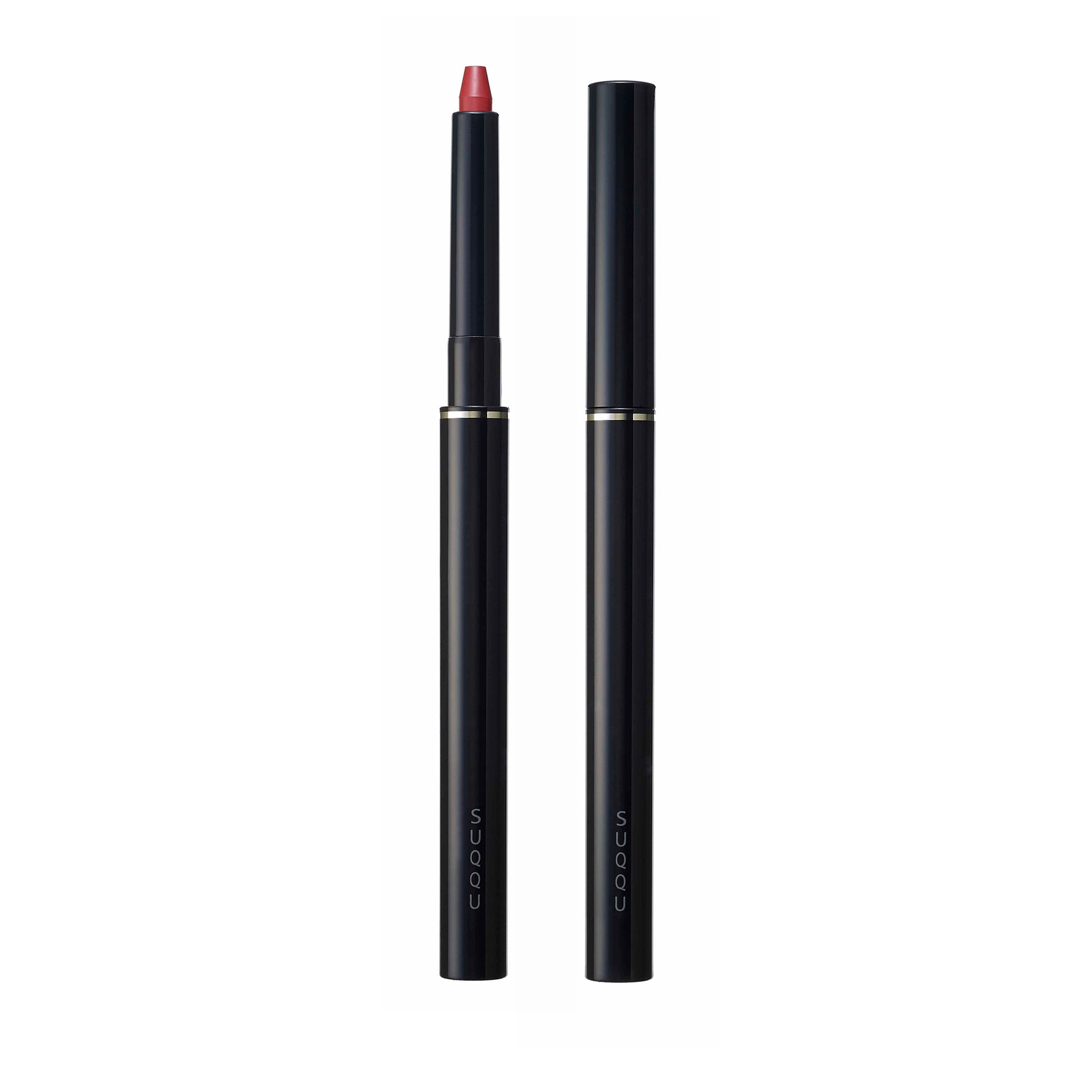 SUQQU Lip Defining Pencil 05 red lip colour product on plain background with cap on and off.